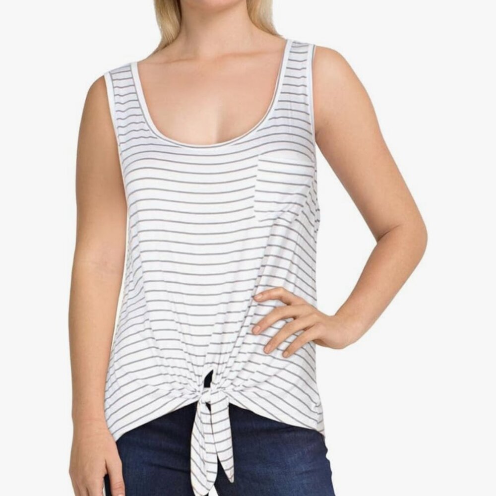 NEW! Rebellious‎ One Tank Top Tie Front Stripped White Grey XL Scoop Neck Cotton